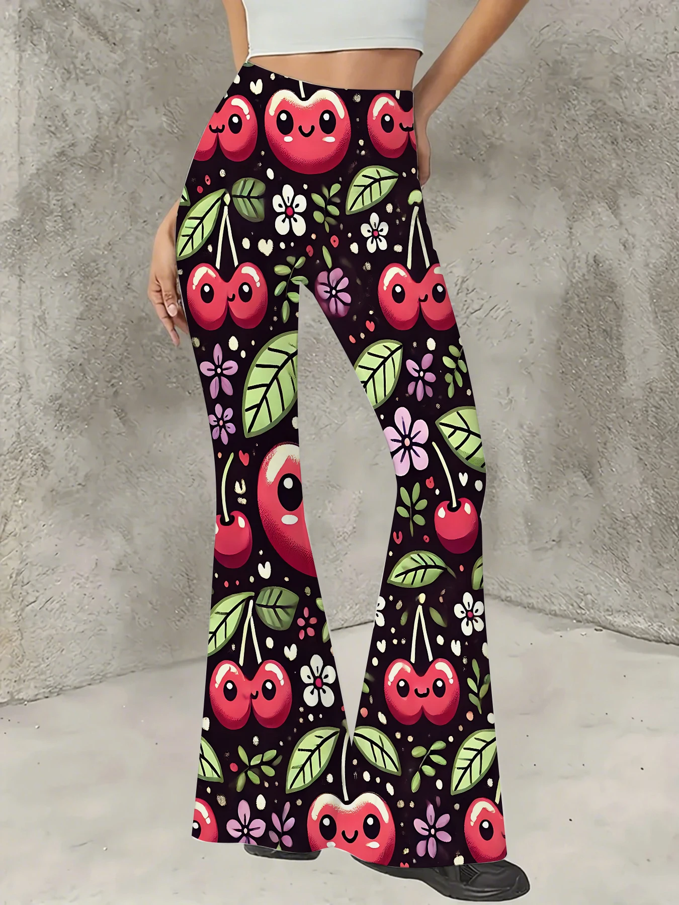 

Women's Print Flare Pants Casual High Waist Knit Bell Bottom Trousers Boho