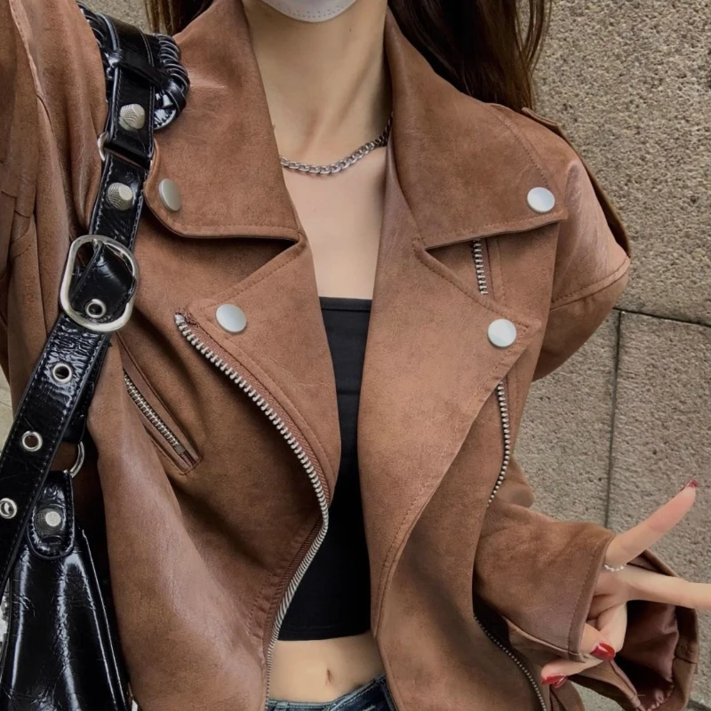 Vintage Brown PU Jackets Women Cool Biker Streetwear Zip-up Outerwear Cropped Fashion Korean Style Female Autumn Y2k Versatile