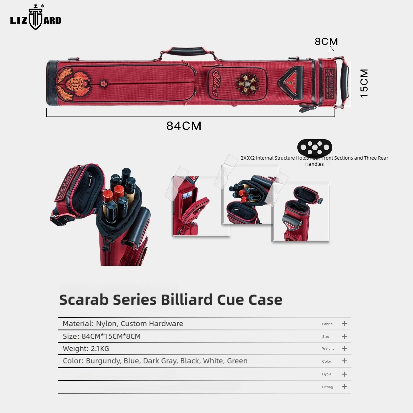 LIZARD Waterproof Nylon Pool Cue Case 7 Hole 3 Butt 4 Shaft, 1/2 Joint Convertible Backpack Cue Bag