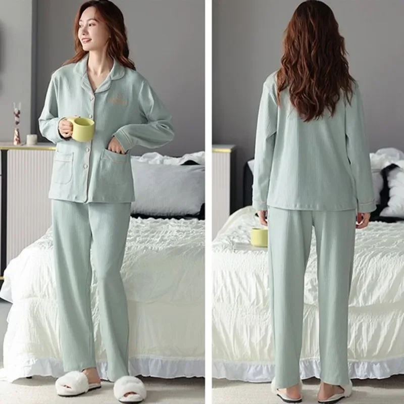 Pyjama en coton à manches longues pour femmes, vêtements de nuit pour femmes d'âge moyen, style simple, vêtements d'intérieur imbibés, grande taille, printemps, automne, nouveau, 2024