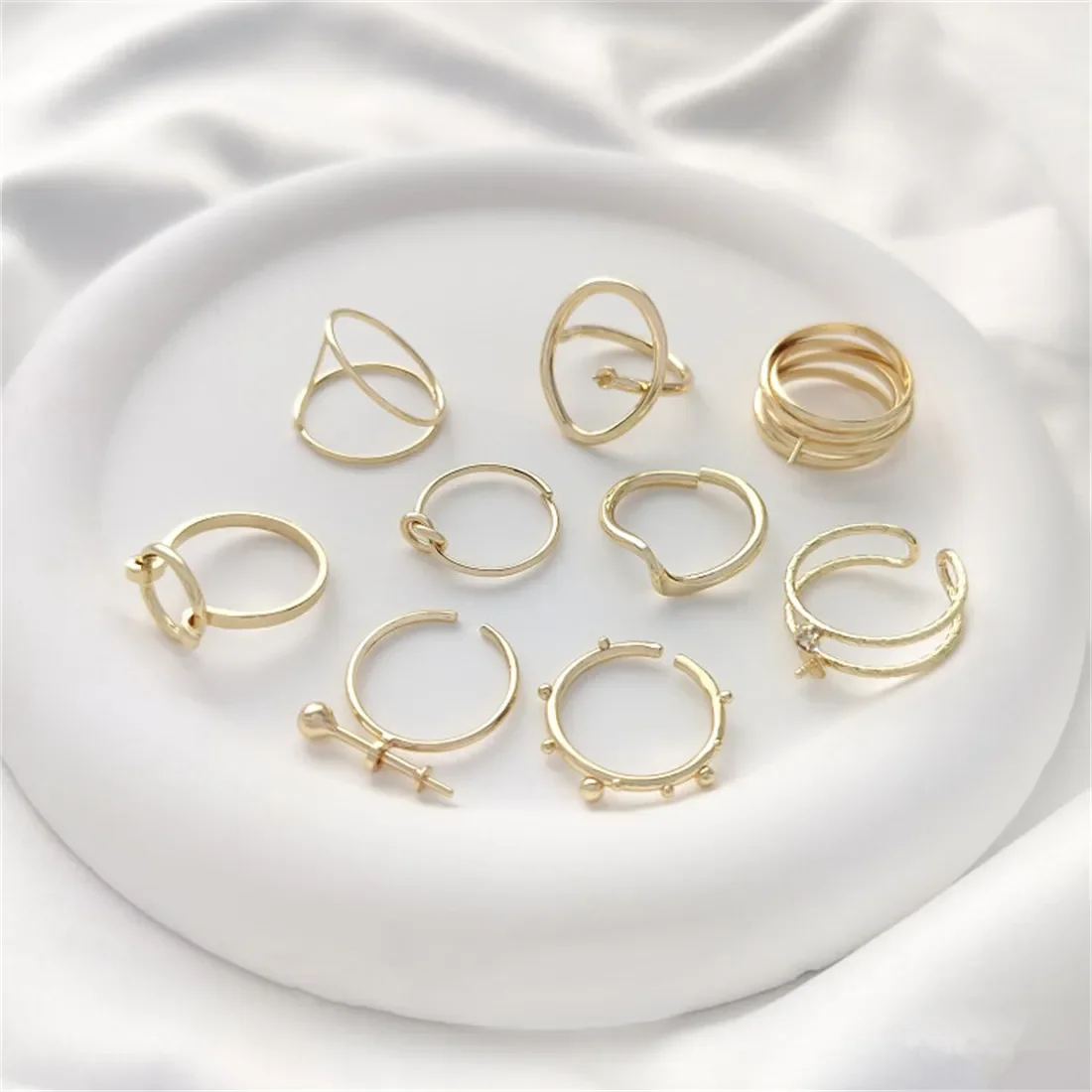 14K Gold Package Japanese and Korean Fashion Half Hole Pearl Set Ring Handmade Twisted Ring DIY Light Luxury Open Ring B709