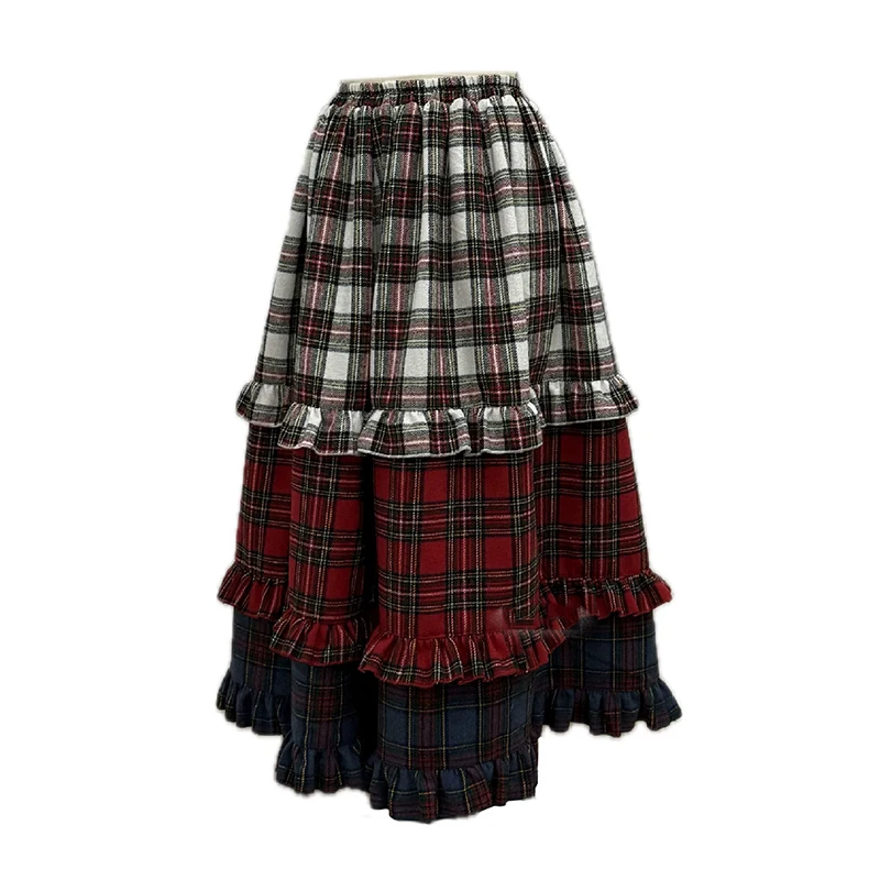 [EWQ] Christmas Style Long Skirt Spliced Lace Contrast Colors Fashion Sweet Women Plaid Skirts Winter 2024 Autumn New 16O3231