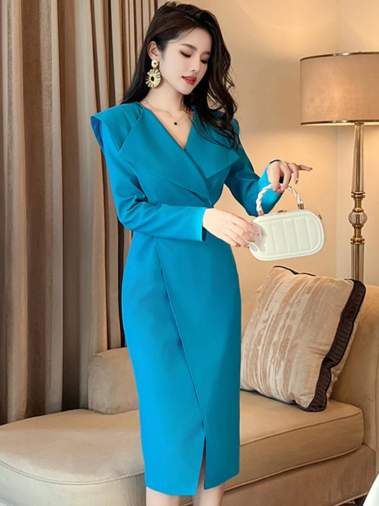 Women's Professional Style Midi Dress Formal OL Elegant Blue High Waist Split Long Sleeve Robe Femme Business Party Vestidos