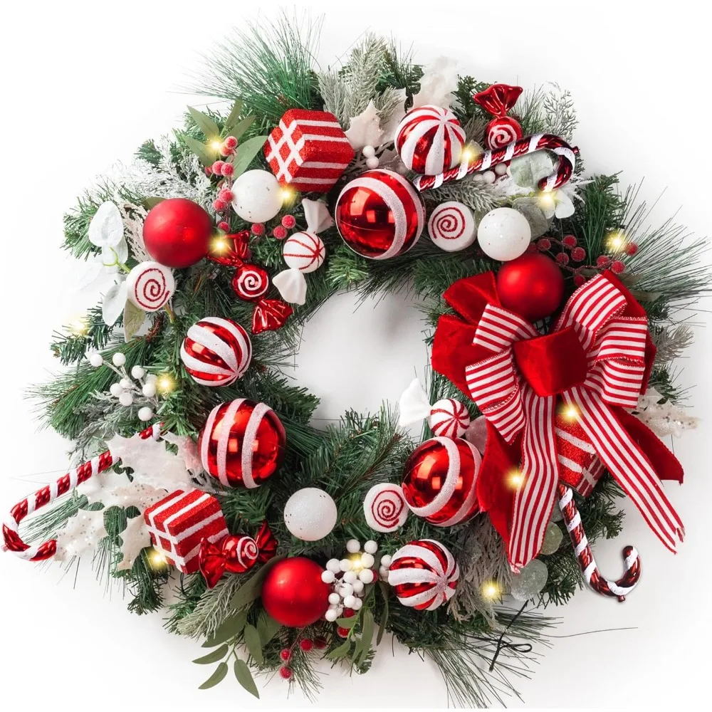 

30 Inch Pre-Lit Christmas Wreath for Front Door with Lights, Fireplace Window Outdoor Table Centerpiece Decoration