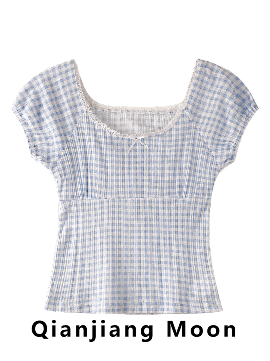 

Blue Plaid Shirt Lace Edge Raglan Sleeve Square Neck Short Sleeved T-shirt Spring Summer 2025 Slim Fashionable Girl's Style Top