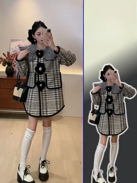 

plus Size Women's Midi Dr Winter New Sle Floral Embroidery Woolen Coat Plaid A-Line Skirt French Sle Loose Fit Long Sl...