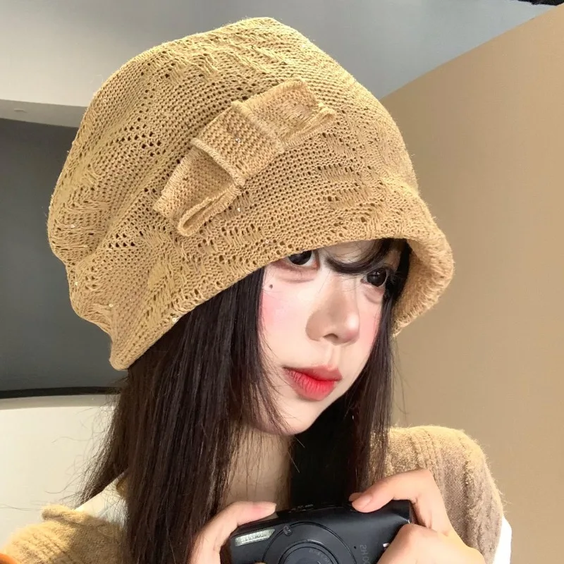 Koreanischer Stil Schleifen-Pailletten-Pullover-Mütze für Damen, Sommer und Herbst, dünn, atmungsaktiv, locker, für große Köpfe, Skull-Beanie-Kappen – Detail 1