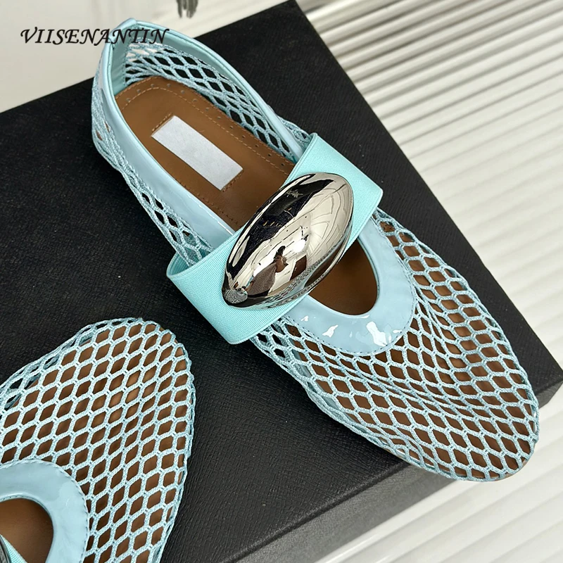 

Breathable Mesh Hollow Women Ballet Flat Shoe Metal Decor Buckle Band Round Toe Comfortable Females Versatile Dance Casual Shoes