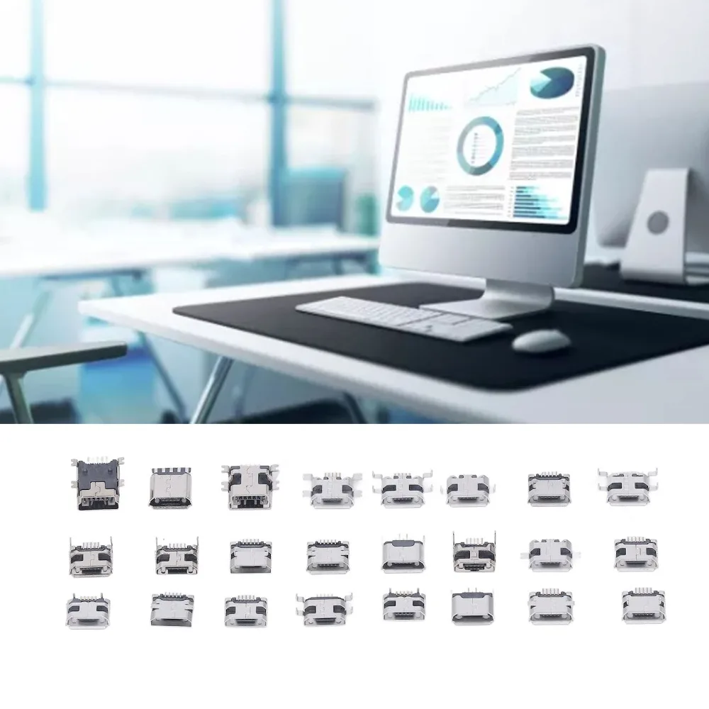 

240Pcs 24 Types Micro USB Connector Set USB Female Port with Storage Box Micro USB Female Micro USB Connector Keyboards Repair
