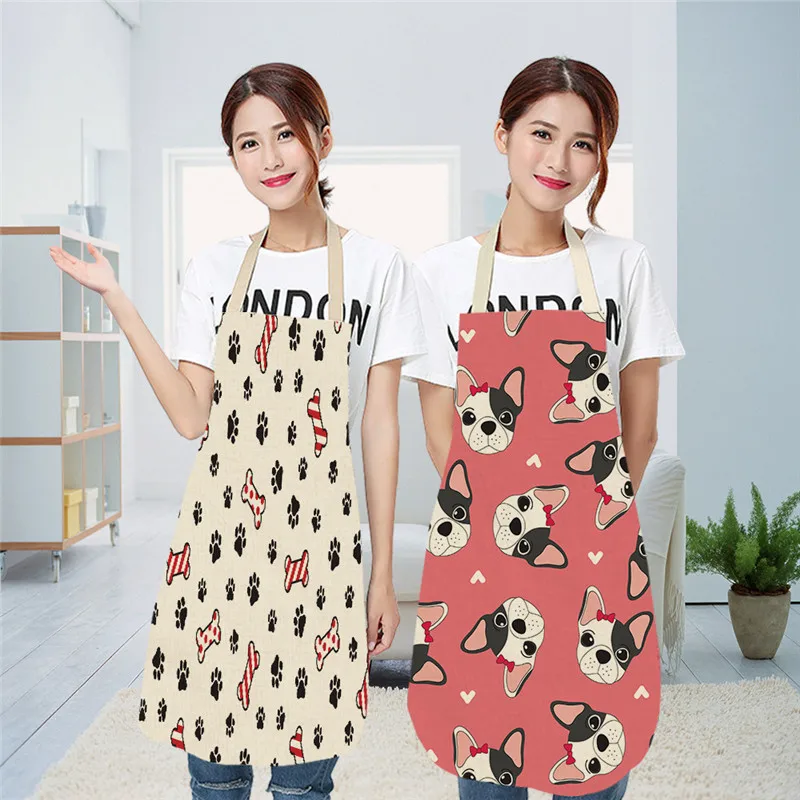 1 Pcs Cotton Linen BullDog Dog Print Kitchen Aprons Unisex Dinner Party Cooking Bib Funny Pinafore Cleaning Apron