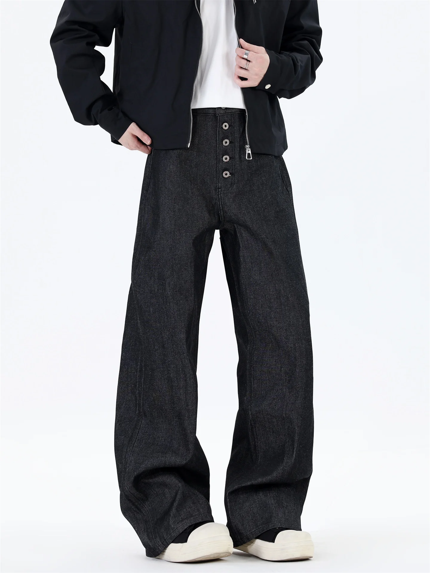 

High Street Micro Flare Wide Leg Jeans Men's Trendy Vintage American Slim Straight Casual Loose Fit Jeans Button Detail