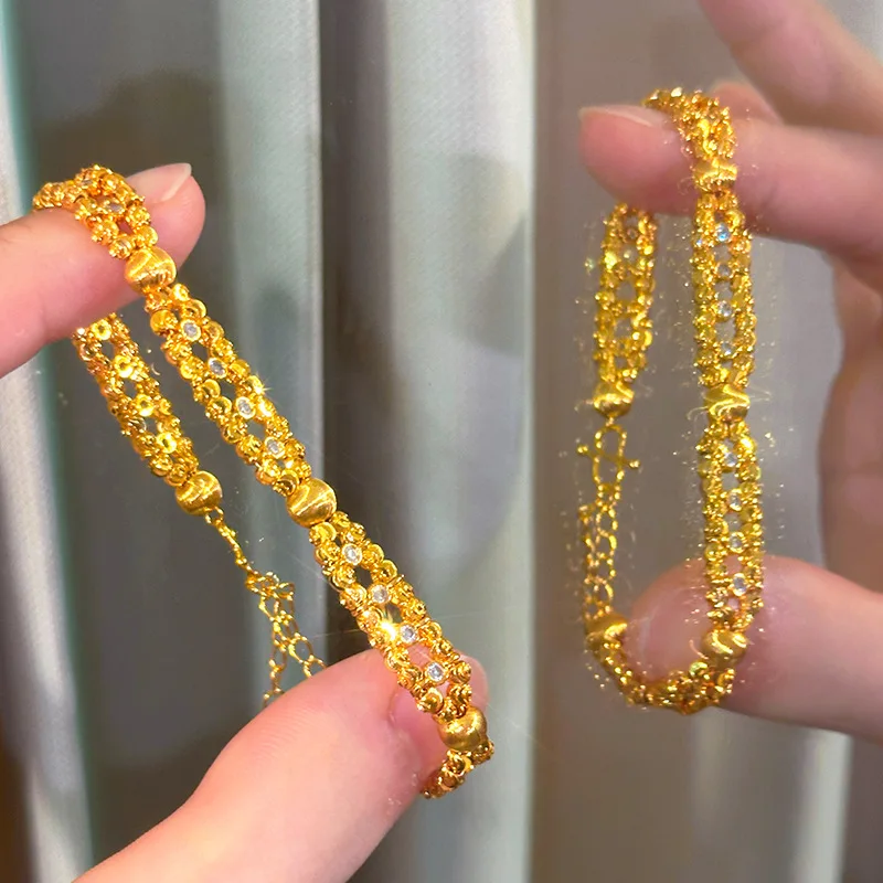 Light Luxury Women Niche Design Sparkling Double Row Dot Watermelon Beads Cat Eye Beads 9999 24K Real Gold Bracelet