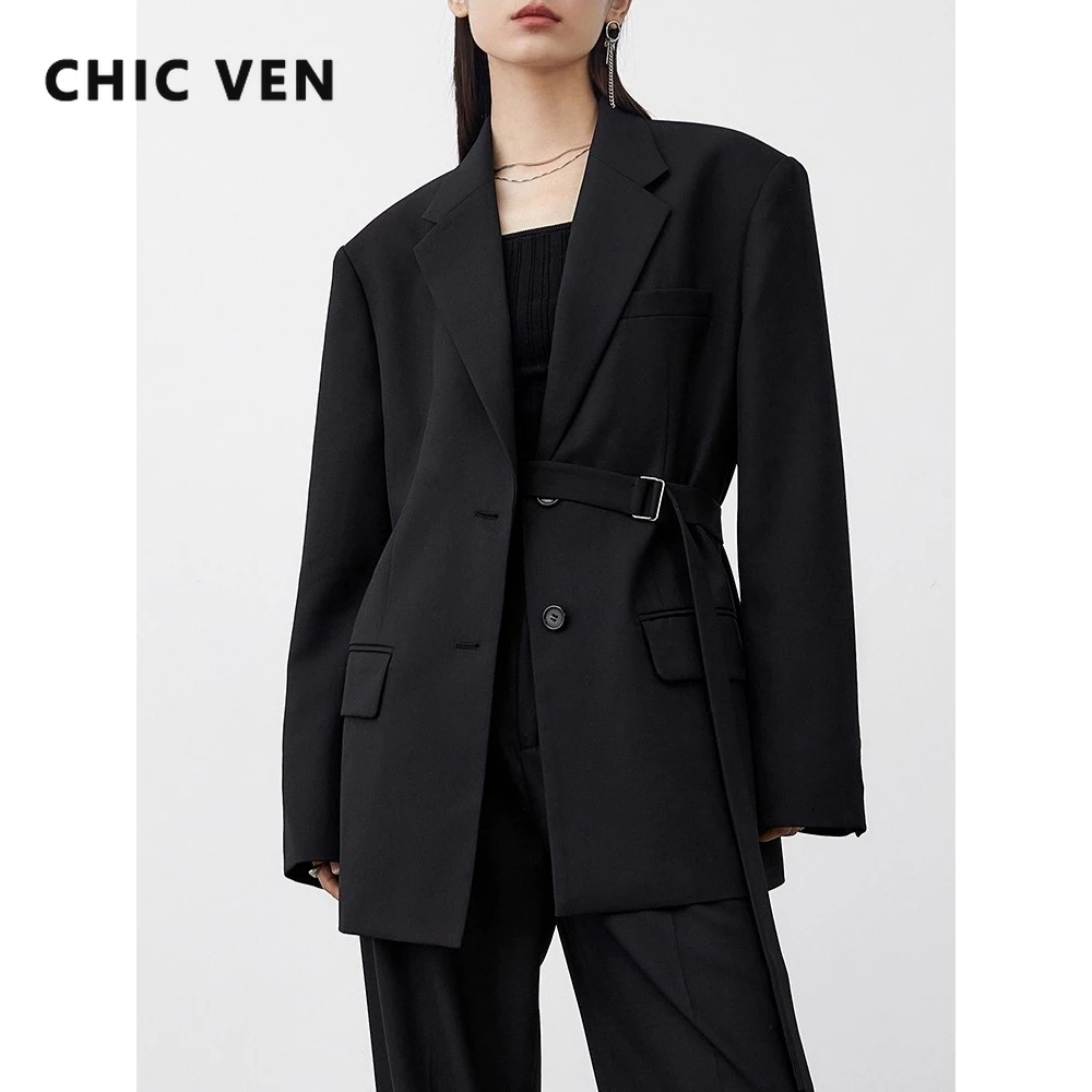 

CHIC VEN New Women Woolen Blazers Solid Loose Casual Suit Jacket Lace Up Mid-length Office Ladies Coat Autumn Winter 2025