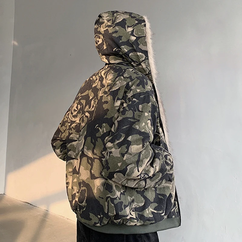 FEWQ Lose Gewaschen Camouflage Männer Baumwolle Jacke 2024 Mit Hut Kontrast Farbe Langarm Casual Männlichen Tops Mode 24E2840