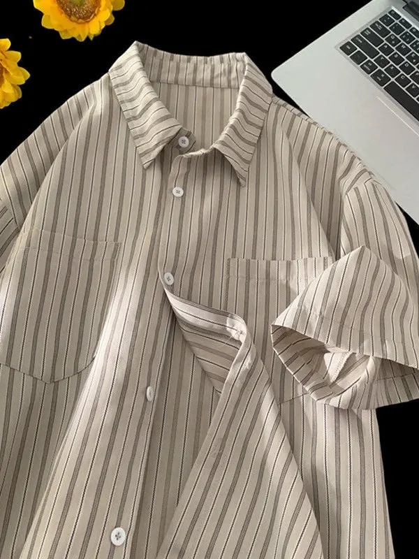 

Retro Hong Kong Sle Striped ort Sve Casual irt Men Summer Loose Large Size Couple's Outerwear f Sve Top