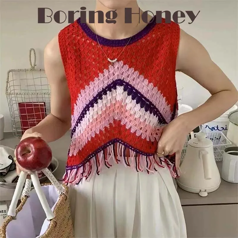 

Boring Honey's New V-neck Contrast Tassel Slim Small Suspender Summer Wear Design Sense Holiday Vest Red Festive Joker Top Women