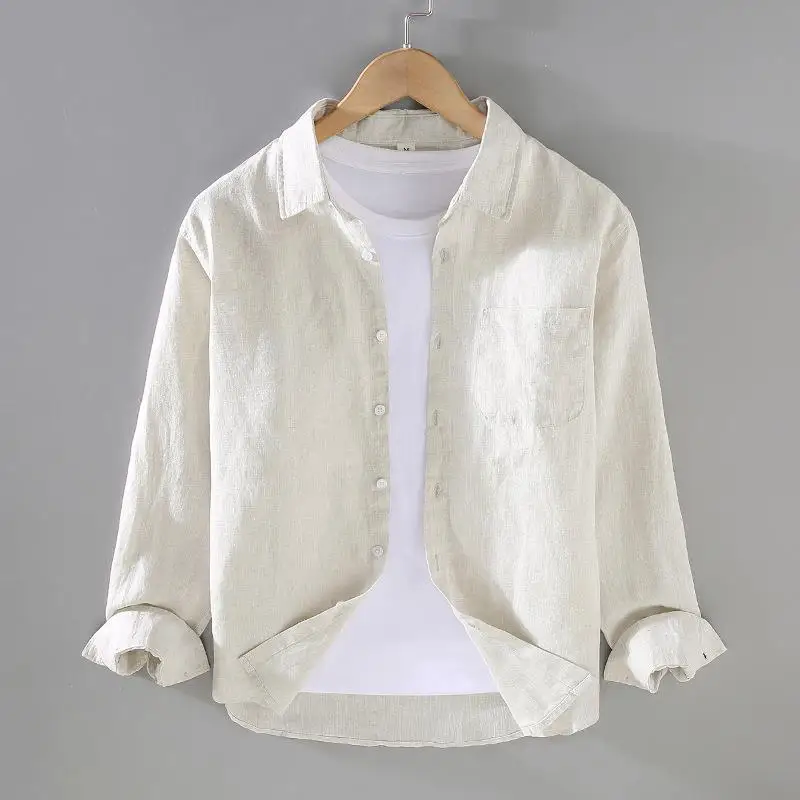 الرجال الكتان الخالص طويل Sve رقيقة تنفس irt الرطوبة ng خفيفة الوزن الربيع الصيف عارضة الياقة الكلاسيكية irt