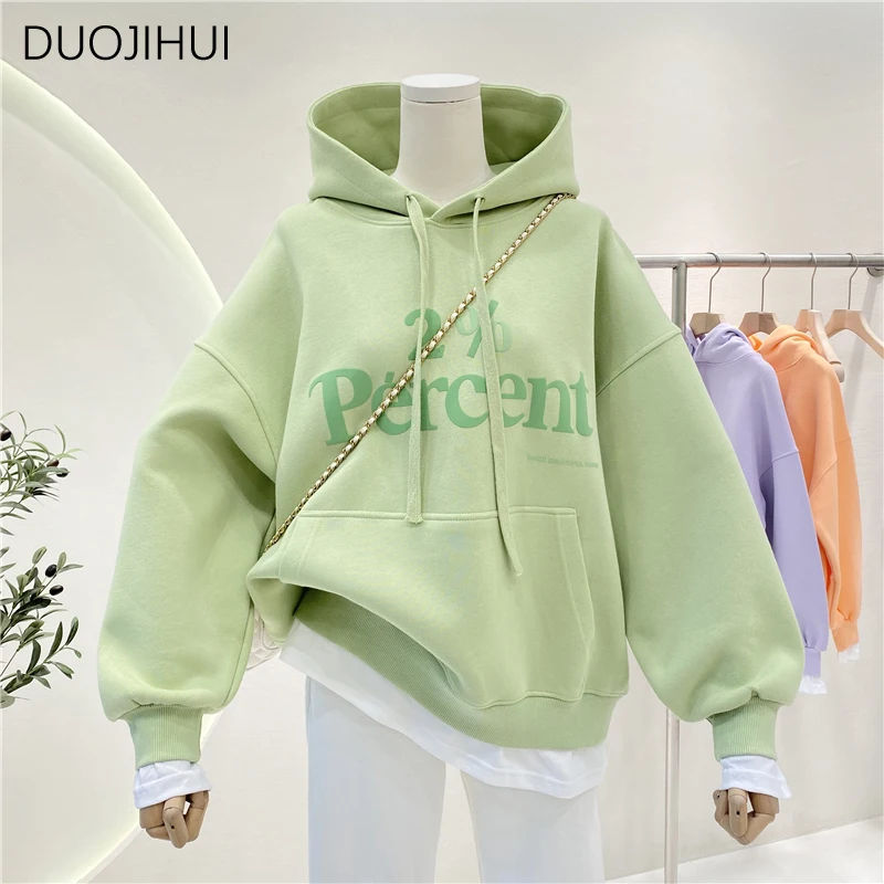 DUOJIHUI New Green Basic Hooded Chicly Drawstring Women Hoodies Spring Fake Two Piece Street Letter Printed Loose Female Hoodies