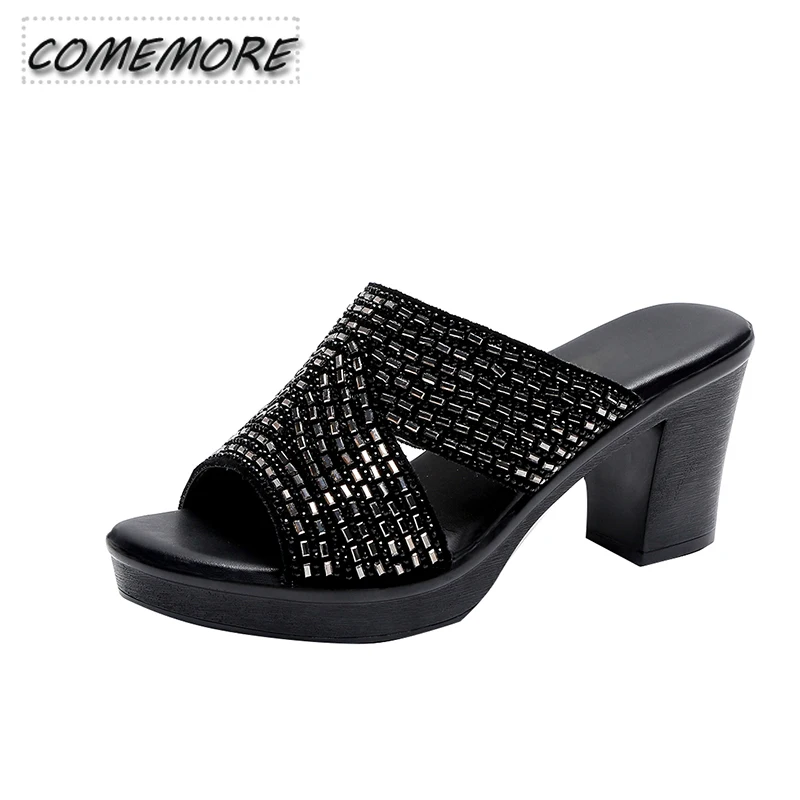 Women\'s Open Toe Slippers Sequins Platform Sweet Elegant Summer Fashion Popular Comfort High Thick Heel Casual Black Sandals PU