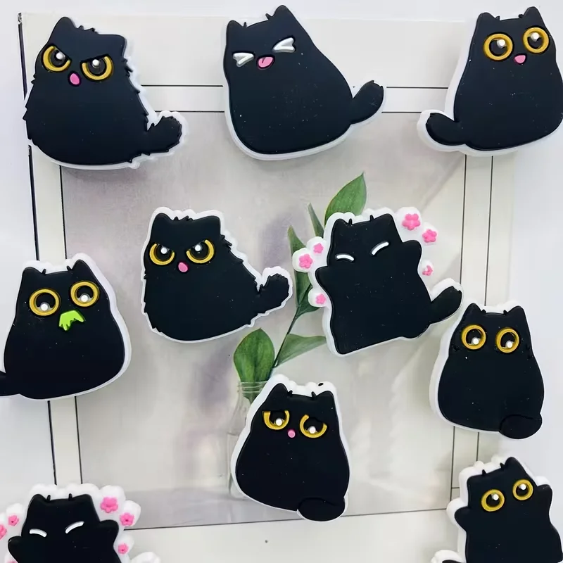 4/6/9pcs Cute Chubby Black Cat Refrigerator Magnets, Decorative Plastic Resin, Multi-Purpose for Kitchen and Office