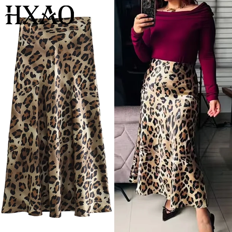 

HXAO 2025 Women's Leopard Print Satin Skirt Summer Vintage Smooth High Waist Maxi Skirts For Women Casual Elegant Women's Skirts