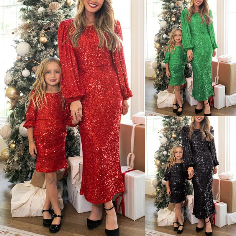 

New Promotional Fashion Women's Dresses Christmas Shiny Beaded Long-sleeved Slim Solid Color Dresses