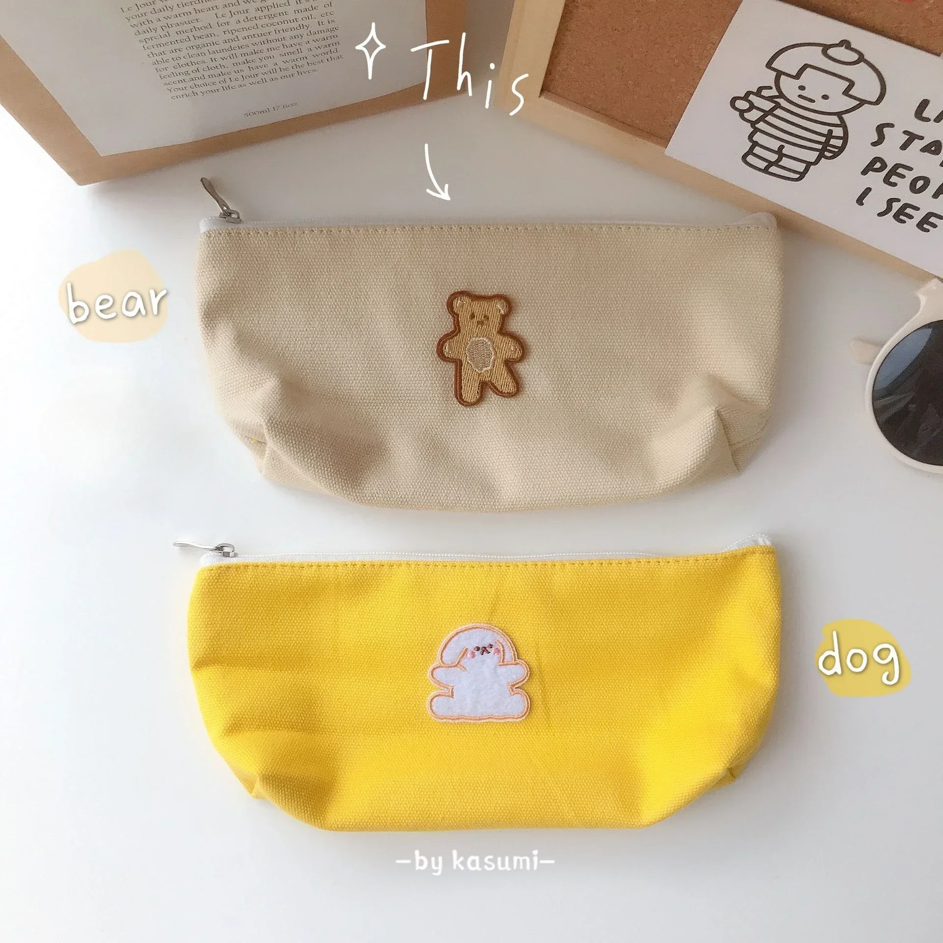 Pretty Stationery Pen Bag Pencil Pouch School Supplies Kawaii Bear Cat Embroidered Canvas Cute Pencil Bag Korean Storage Case