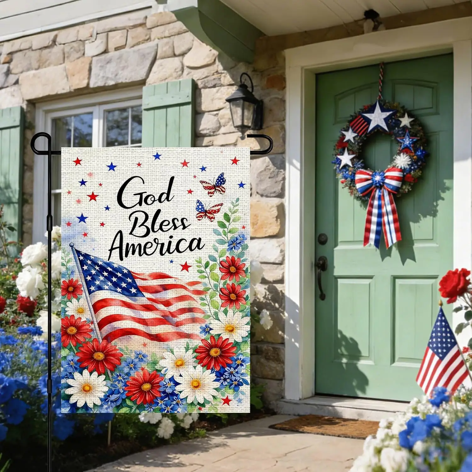 IVN 4th of July God Bless America Garden Flag 12x18 Inch Burlap Double Sided Floral Star American Flag Yard Patriotic Indepe ZZM