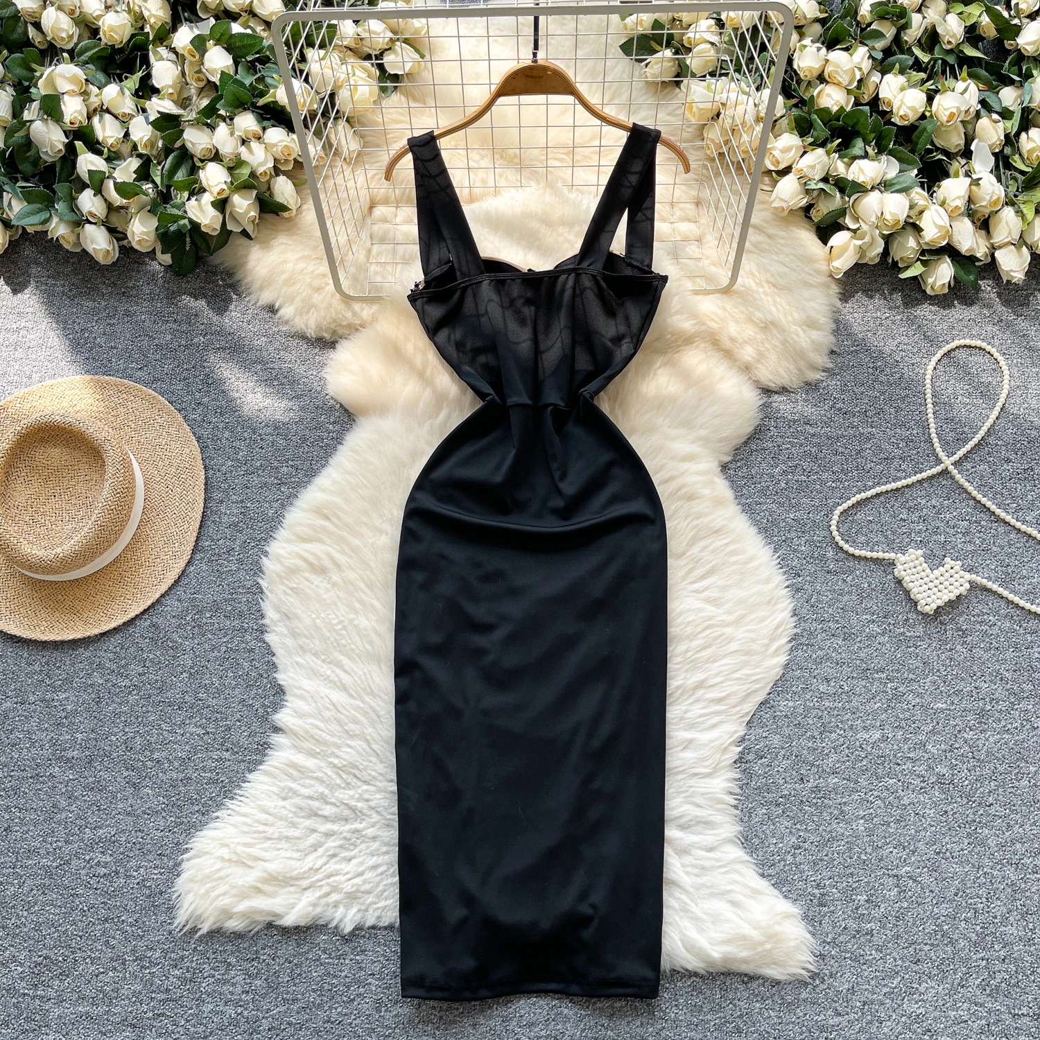 Chic vintage pleated slim mesh pencil dress Elegant Fairy korean fashion Boho Sundress women clothing