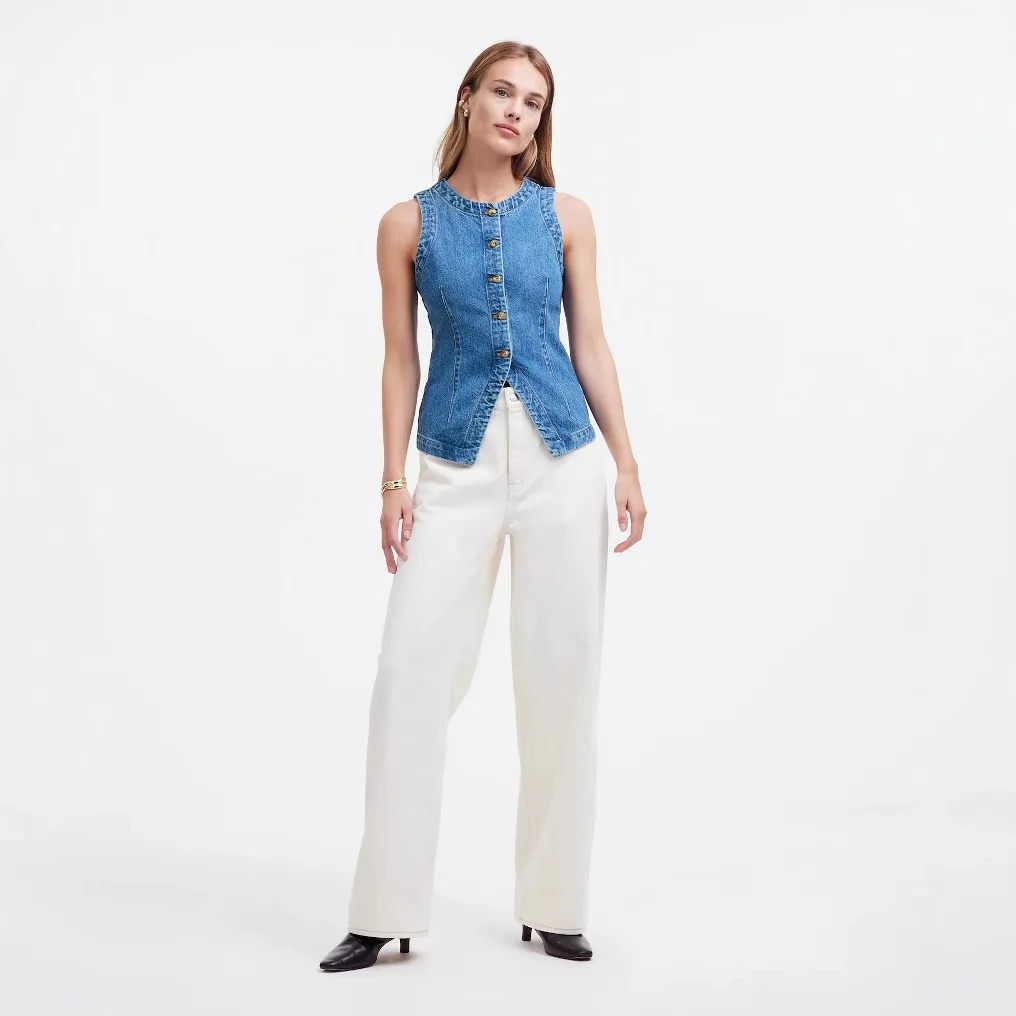 2025 Summer New Sleeveless Slim Fit Denim Vest Women Round Neck Waistcoat Dark Blue Design Fashion Versatile Outerwear Piece