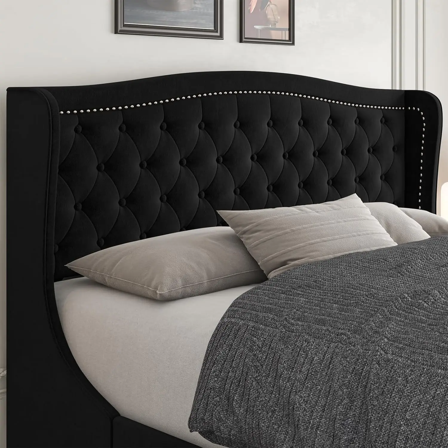 Queen Size Bed Frame, Modern Upholstered Platform Bed with Wingback Headboard, Heavy Duty Button Tufted Bed Frame with