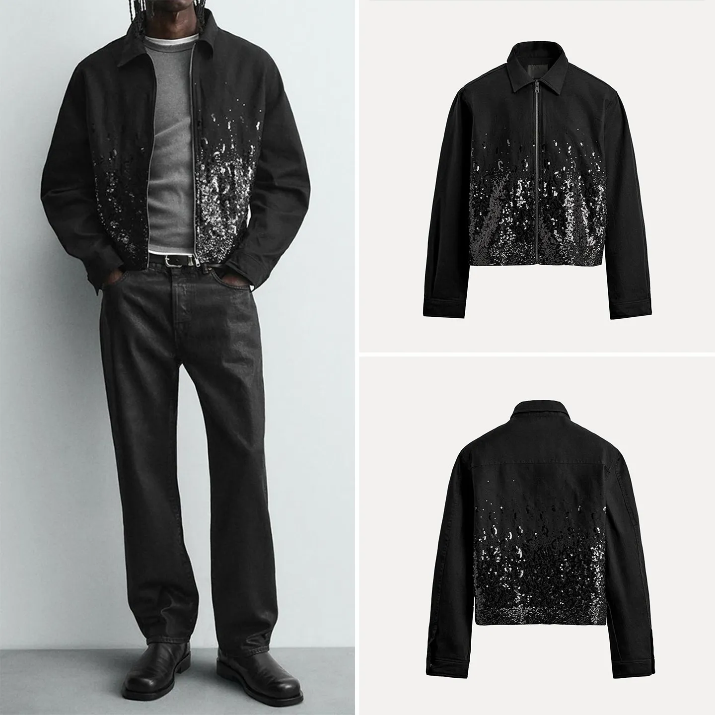 Zimowy płaszcz damski z koralikami, luźny krój, do pracy, krótki, odzież wierzchnia marki Z, długi rękaw, zapinany na zamek.