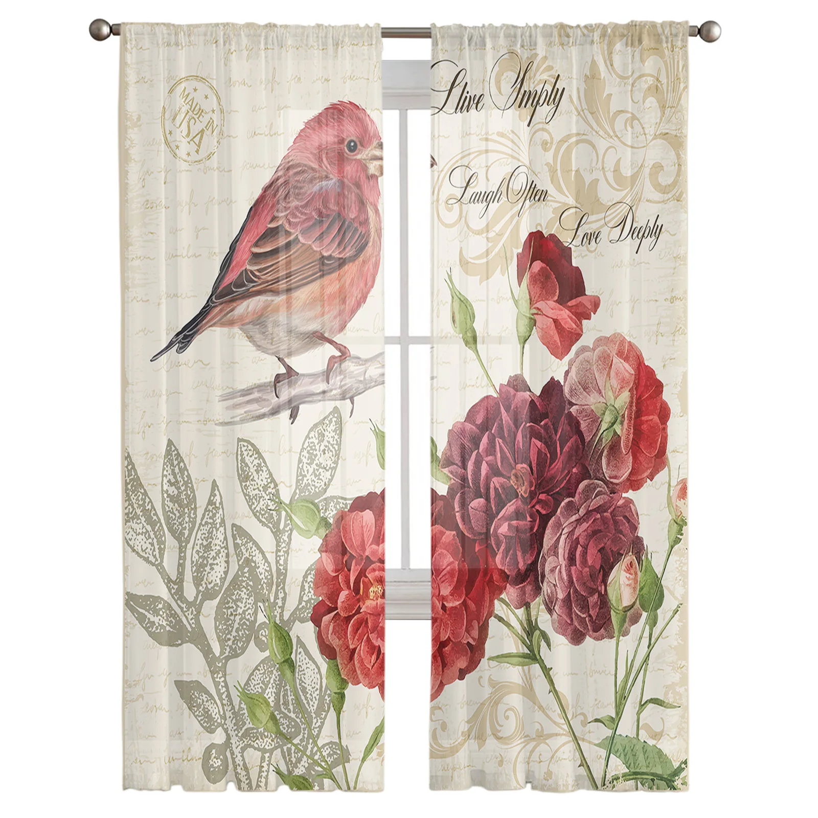 Bird Rose Flower Vintage Letter Tulle Voile Curtains For Bedroom Window Curtain For Living Room Sheer Curtains Organza Drapes