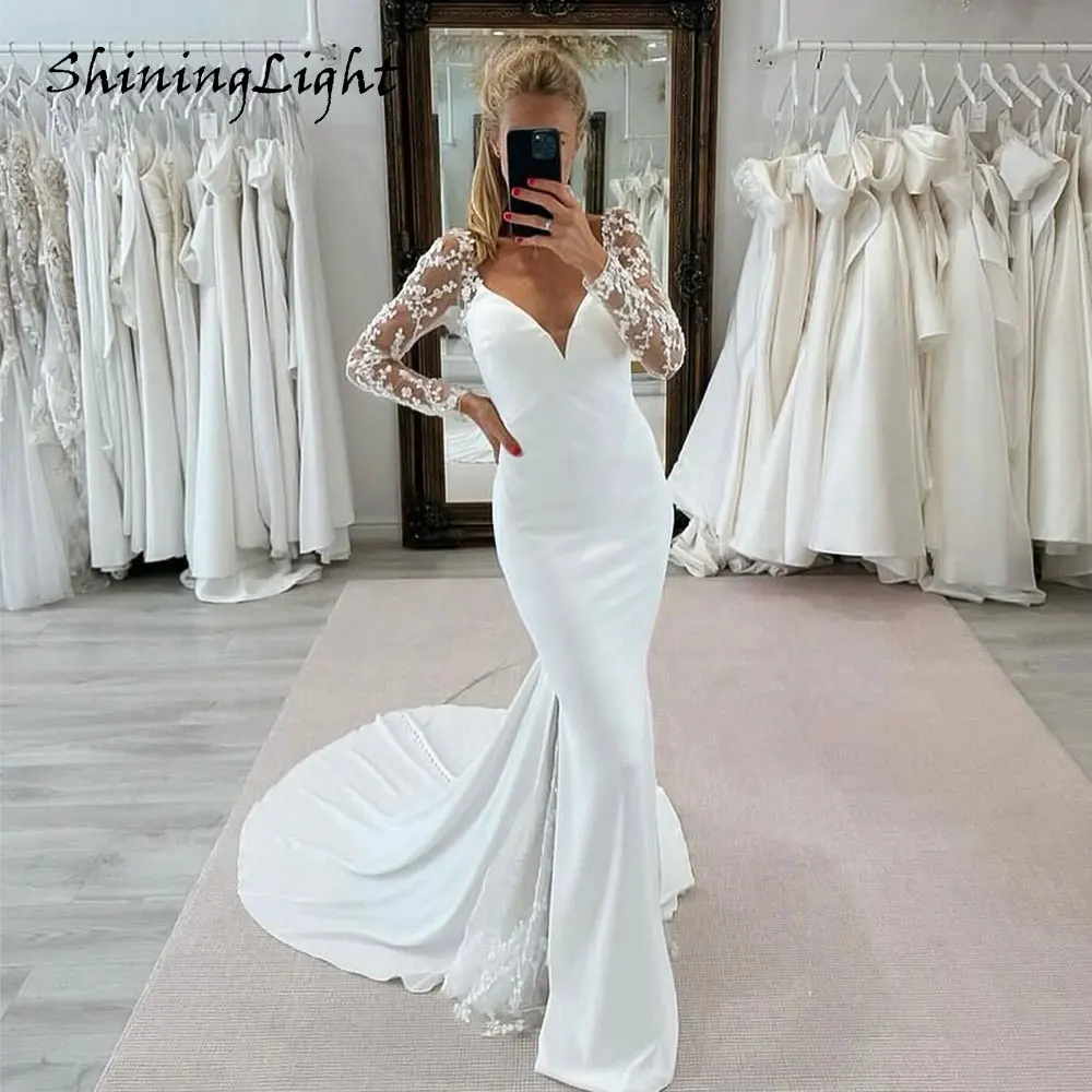 

ShiningLight Sexy Backless Mermaid Wedding Dress Long Sleeves Elegant Satin White Lace Bridal Gowns robe de mariée Customized