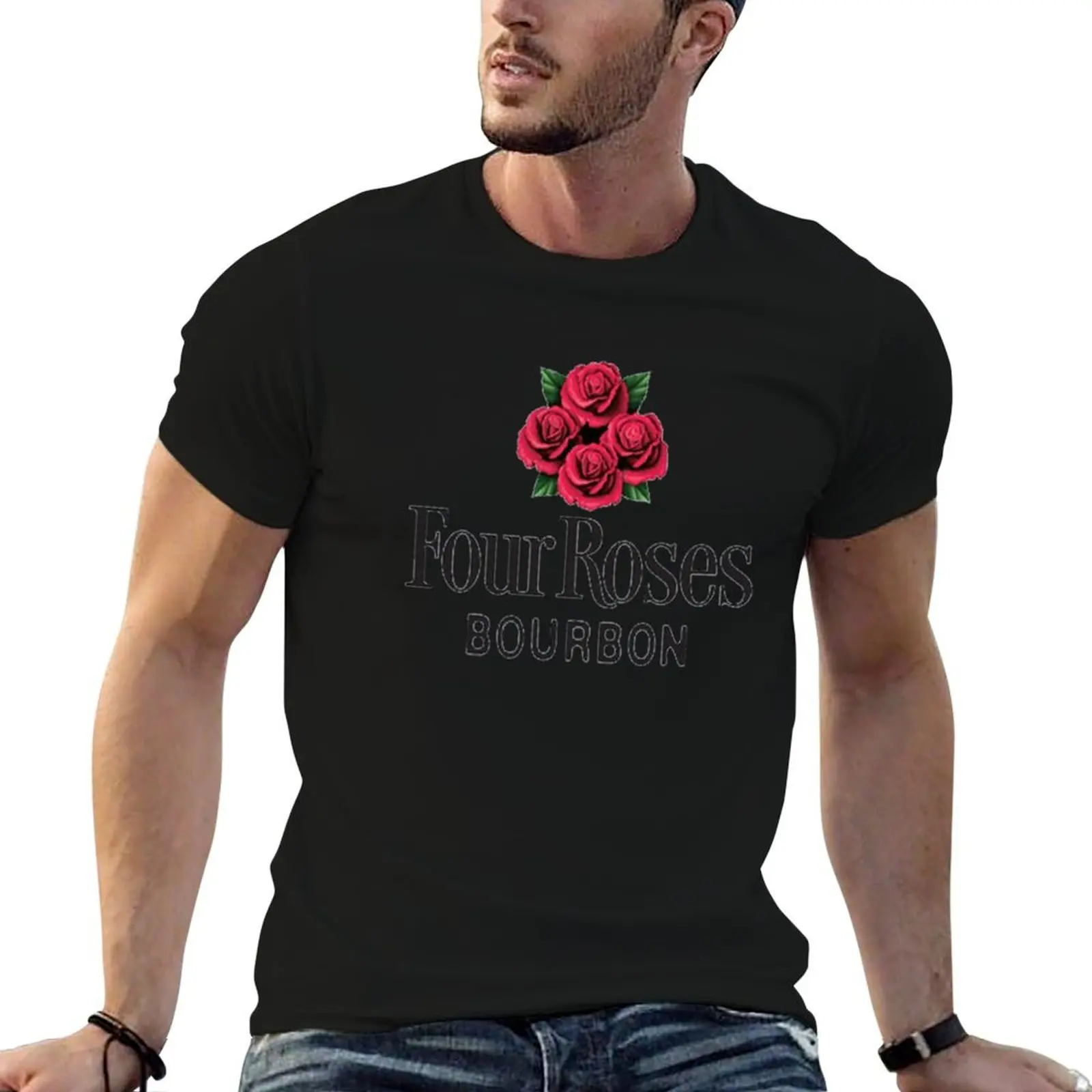 Bourbon hombre cuatro whisky camiseta algodón hombre pesado 100% t rosas camisas whisky camisa