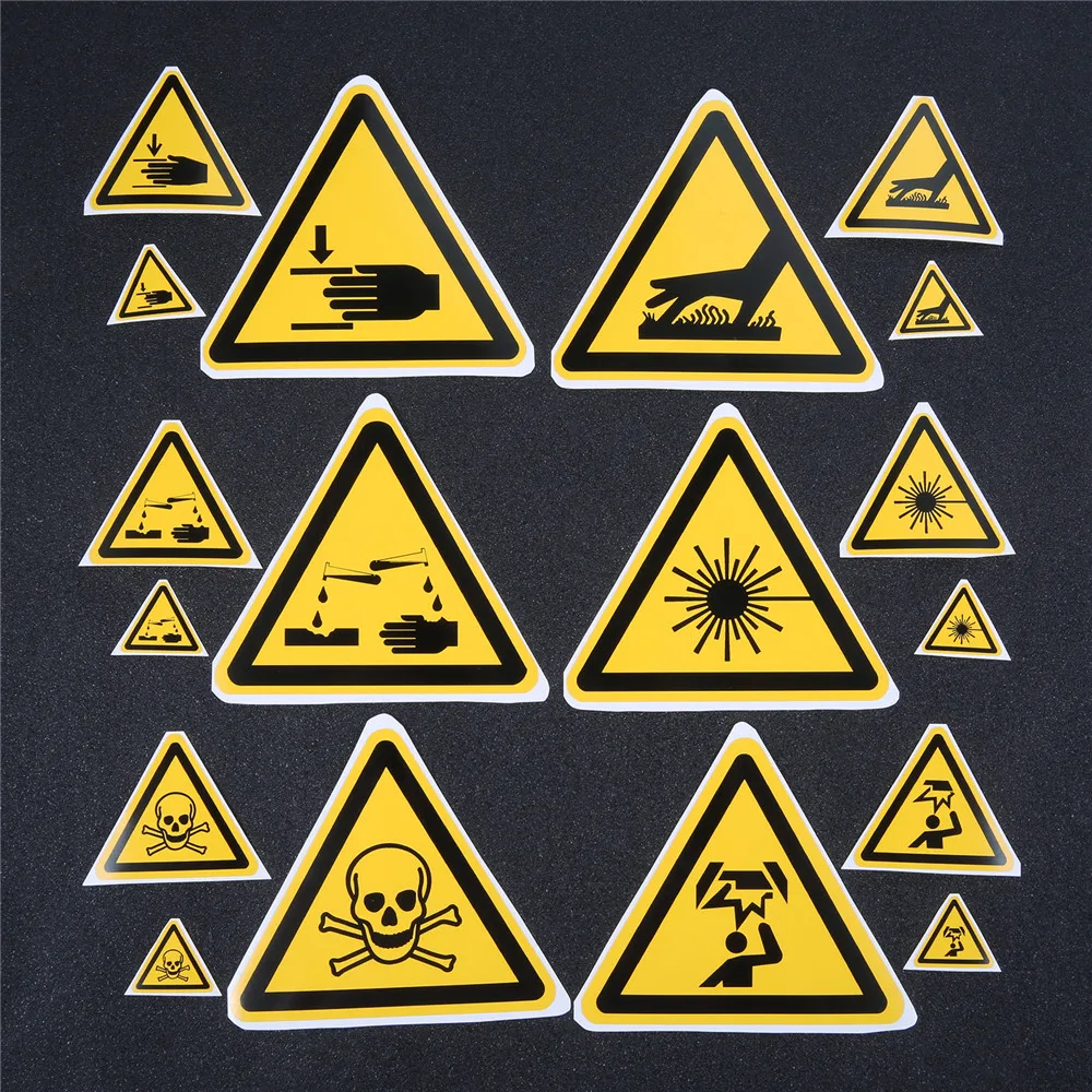 5 or 10pcs Triangle Warning Sign Sticker Alarm Label Beware Hurting Heating Corrosion Poison Laser Bumping Adhesive 2.5/5/10cm