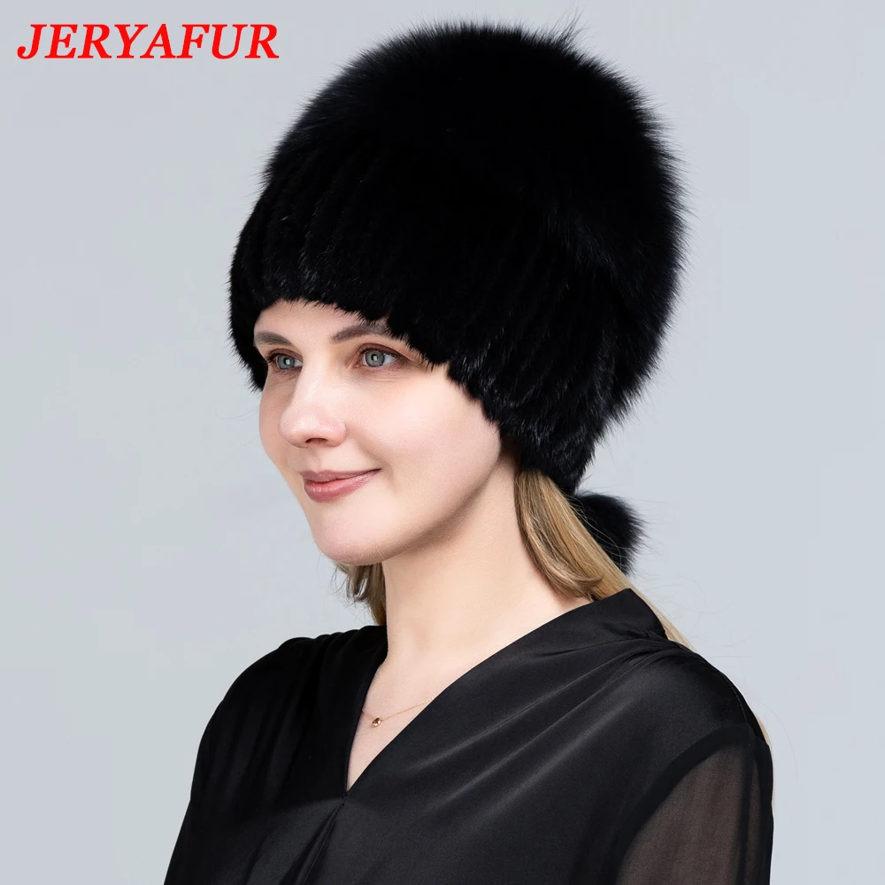 JERYAFUR Women\'s Winter Fur Hat Natural Fur Knitted Mink Fox Pom Pom Fur Hats with Balls Stylish Warm Fashion Girls Beanies Hat