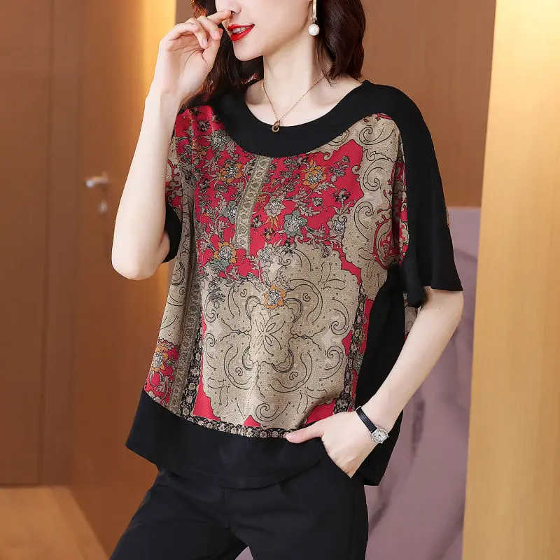 Women Retro Harajuku Print Chiffon Blouse 2022 Female Casual Loose Shirts Summer Short Sleeve Round Neck Middle-aged Mother Tops