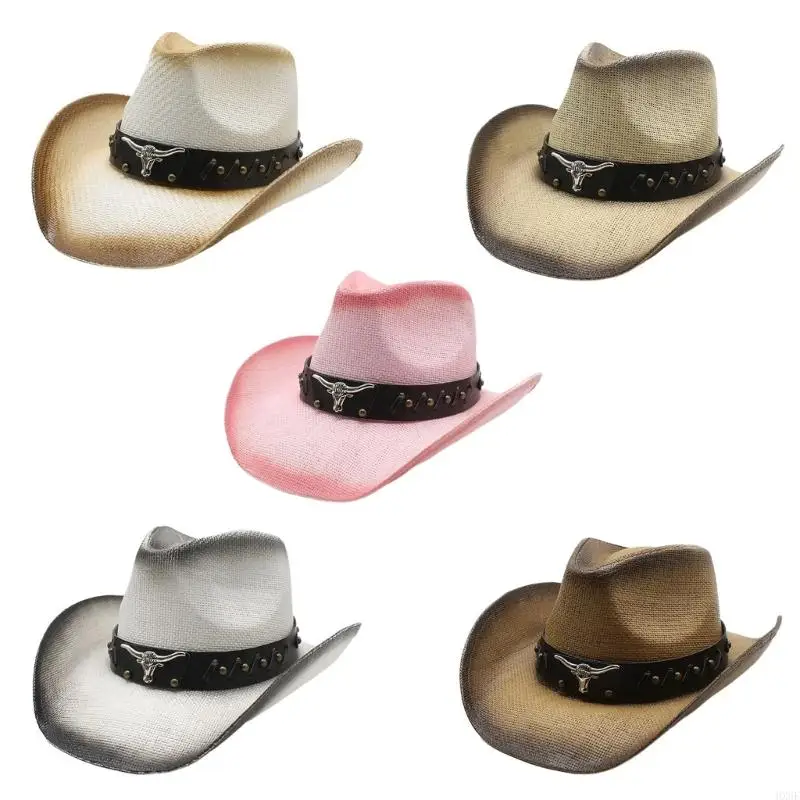 HX6F Western Cowboy Hats for Adult Wide Brims Cowboy Hats Elagant Music Festival Hat Masquerades Bull Head Belt Hat Headwear