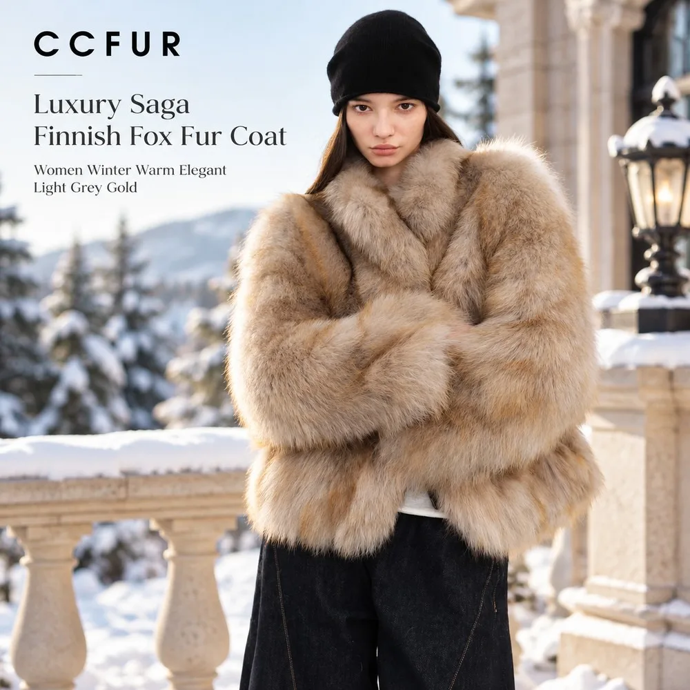 Luxury Saga Finnish Fox Fur Coat Women Winter Warm Elegant Light Grey Gold