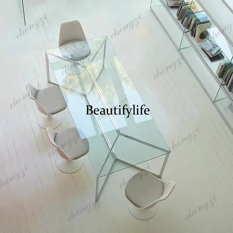 A68Italian creative stainless steel long ultra-white tempered glass dining table tea table office conference table