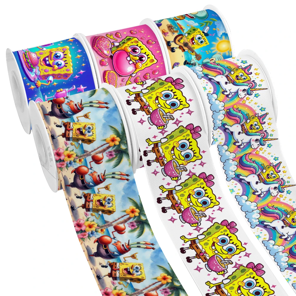 Cartoon SpongeBob SquarePants Pattern Printed Grosgrain Satin Ribbon for Gift Wrapping Hair Bow Craft Accessory 50 Yards