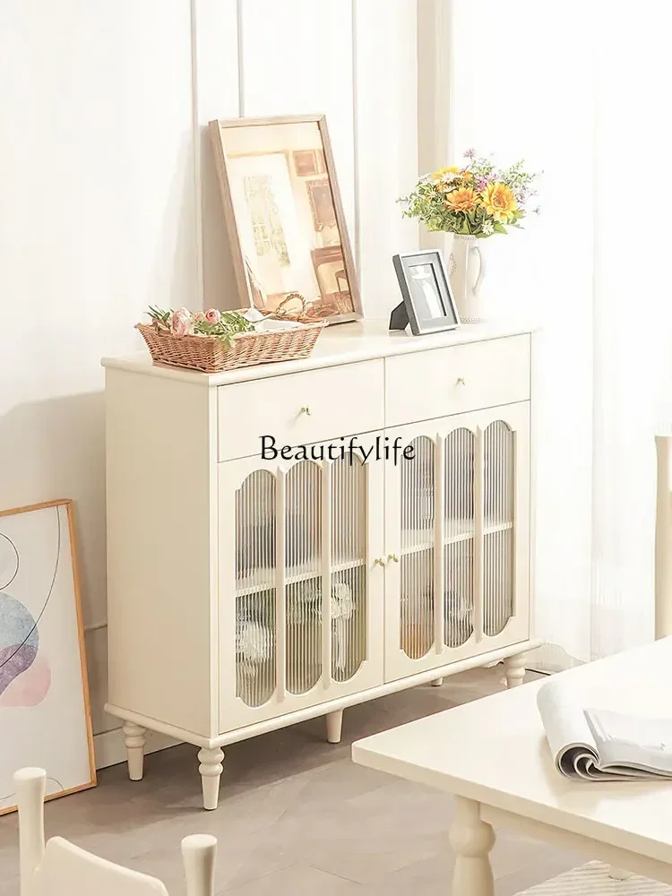 

02ld14French Cream Style Solid Wood Sideboard Small Apartment Wall Double Door Drawer Storage Side Cabinet