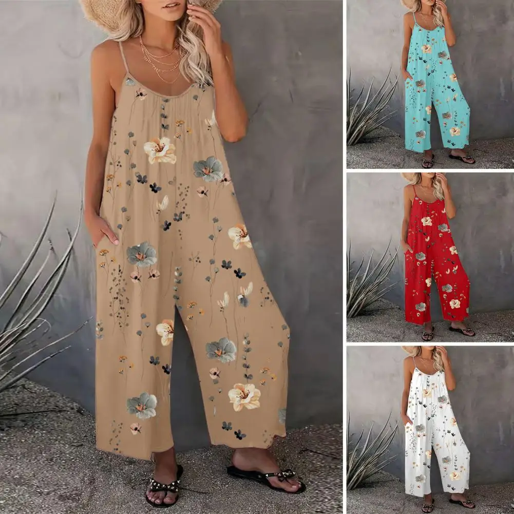 

Beach Jumpsuit Floral Print Vacation Jumpsuit Adjustable Spaghetti Strap Backless Wide Leg with Side Pockets Crotch Women