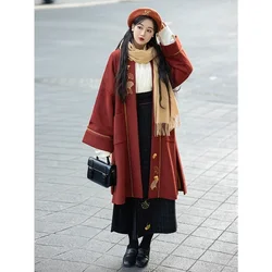 Maple Leaf Theme Chinese Style Hanfu Set Embroidery Song Dynasty Women Winter Red Woolen Coat Beige Shirt Black Spiral Skirt New