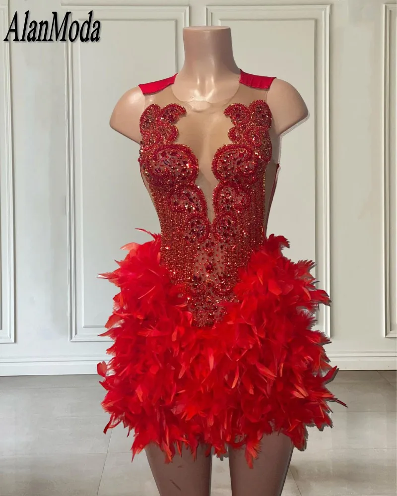 Red Rhinestone Birthday Dress For Women Luxury 2025 Feathers Short Prom Gowns Black Girls Party Dresses Cocktail Wear Customzied