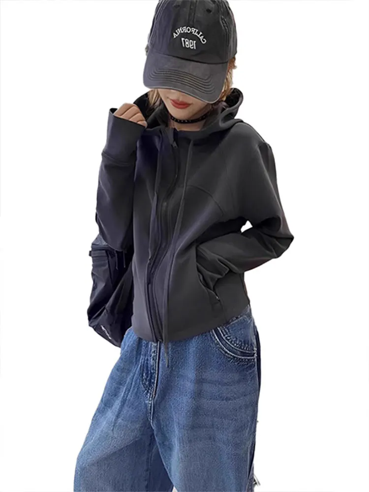 Damska bluza z kapturem w stylu amerykańskim, rozpinana na zamek, nowa kolekcja wiosna-jesień, rozmiar S, długi rękaw.