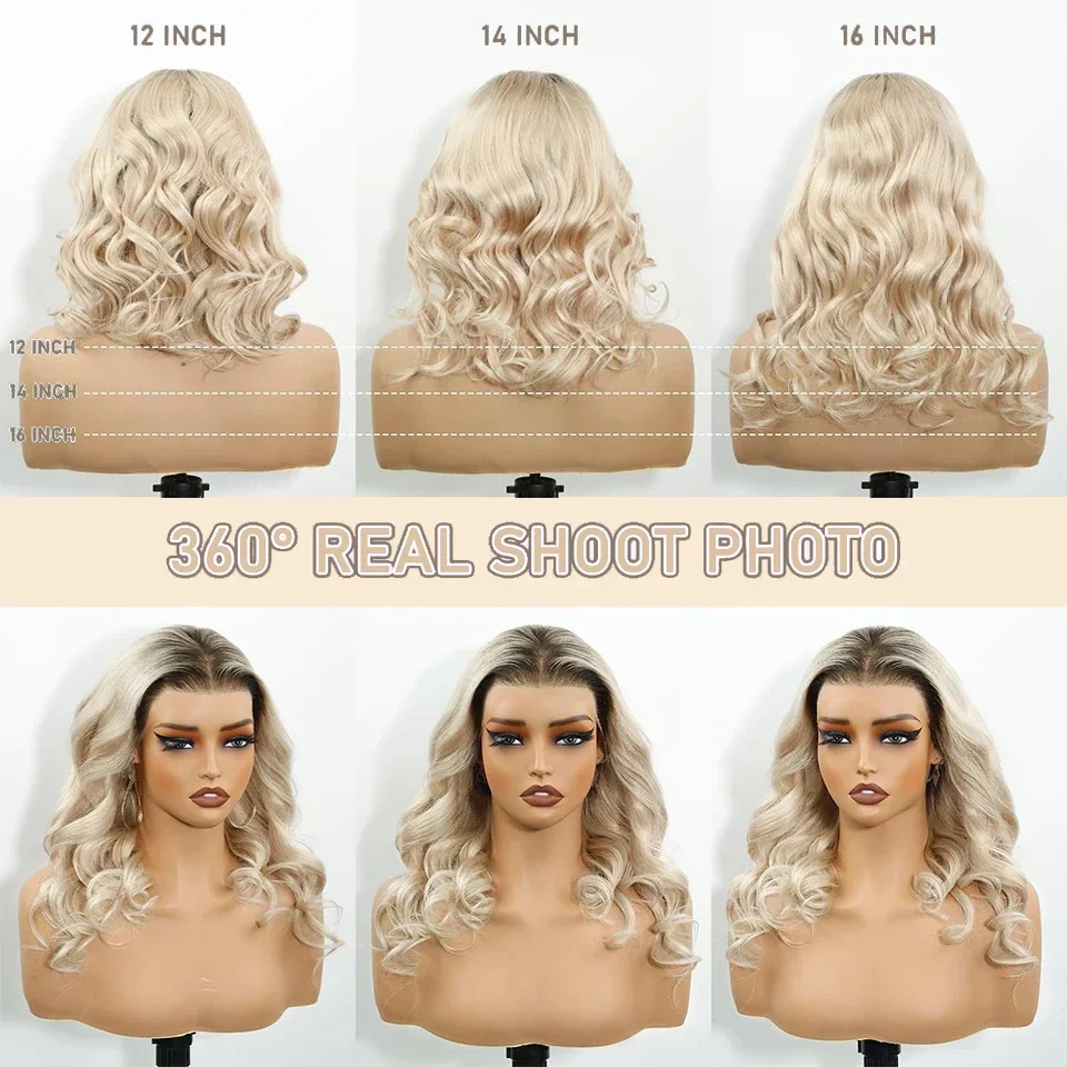 Peruca Curta Ombre Loiro Cinza Sem Cola com Renda Frontal UHD Transparente, Cabelo Humano Remy para Mulheres, Pré-arrancada