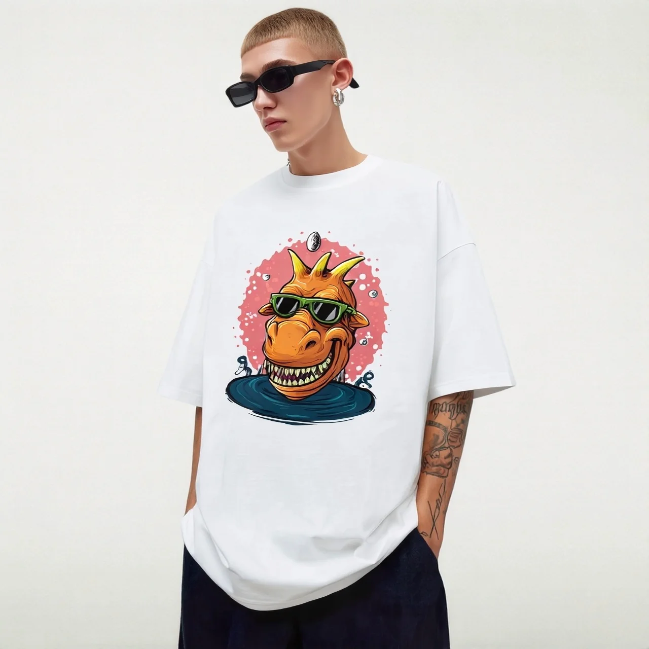 

Teevo Men's Oversized T-Shirt with Cool Dinosaur Graphic Print for Casual Wear