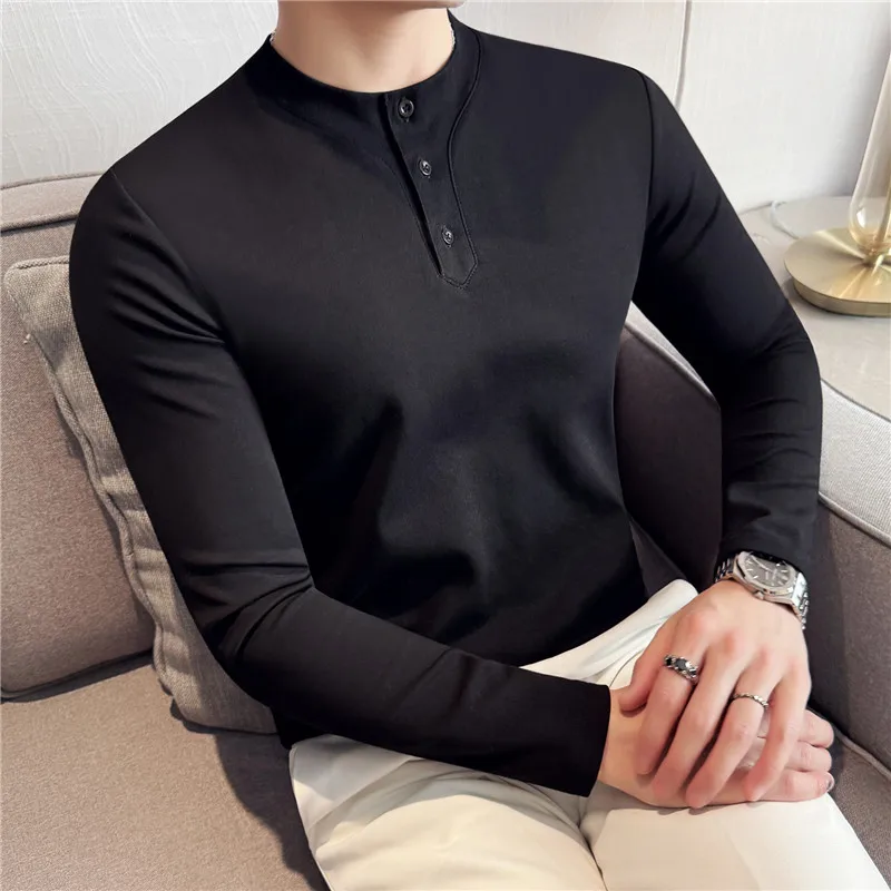 Streetwear Thick Stretch T-shirt Men's Slim Fit Henry Collar Designer Long Sleeve Base Tee Shirt White Tight Clothes Men Spring